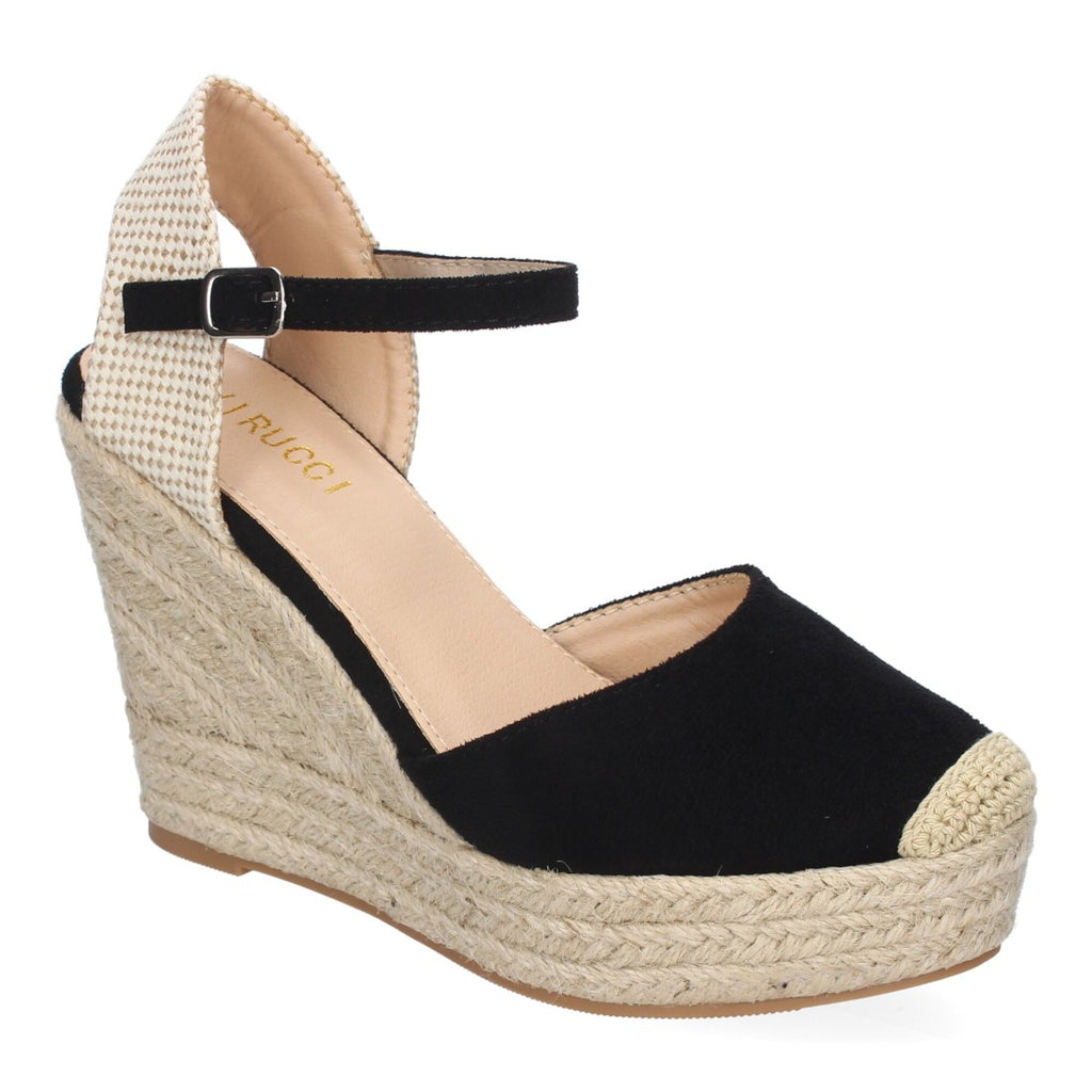 Sandalias Negras Mujer Cuña Yute Punta Bordada Cómodas