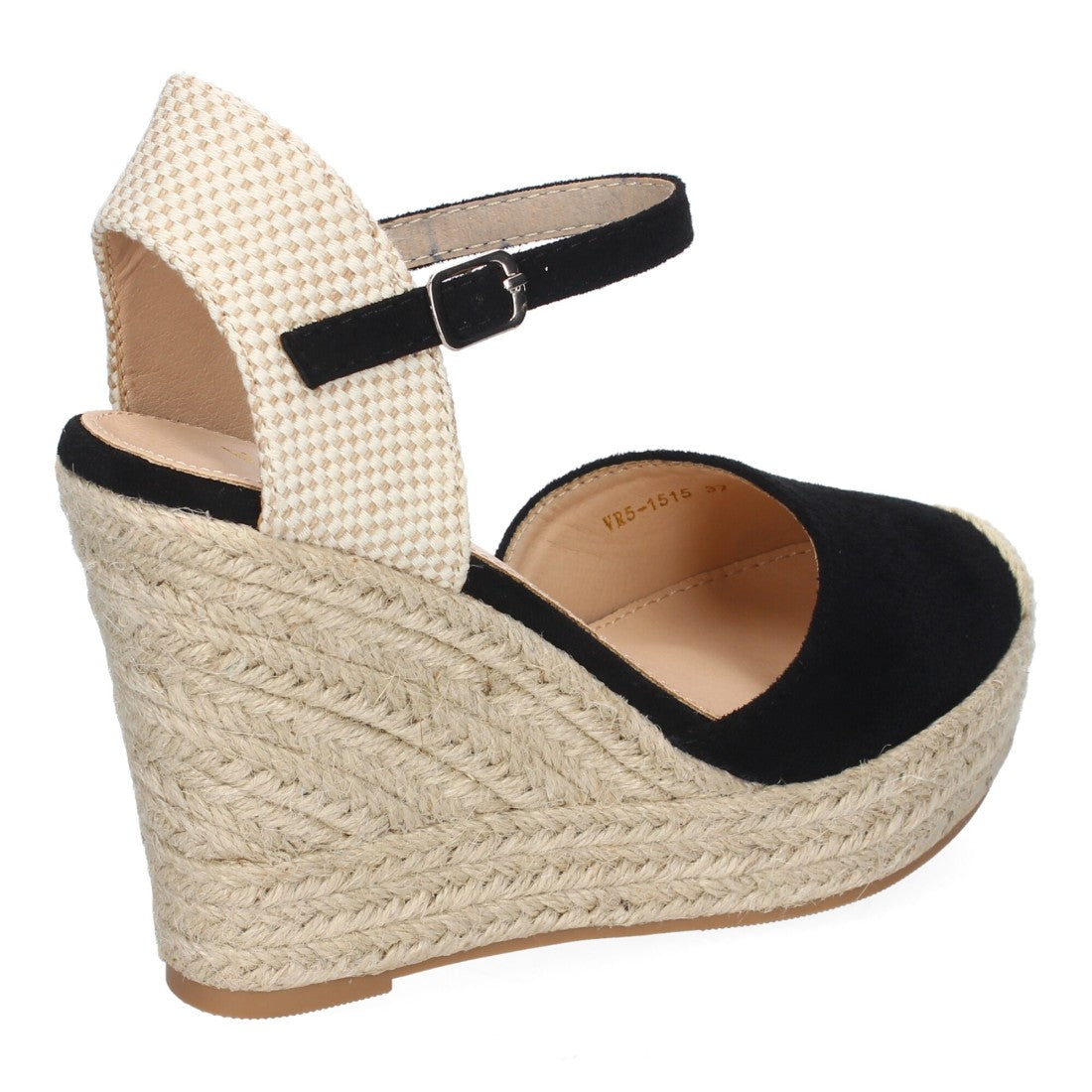 Sandalias Negras Mujer Cuña Yute Punta Bordada Cómodas