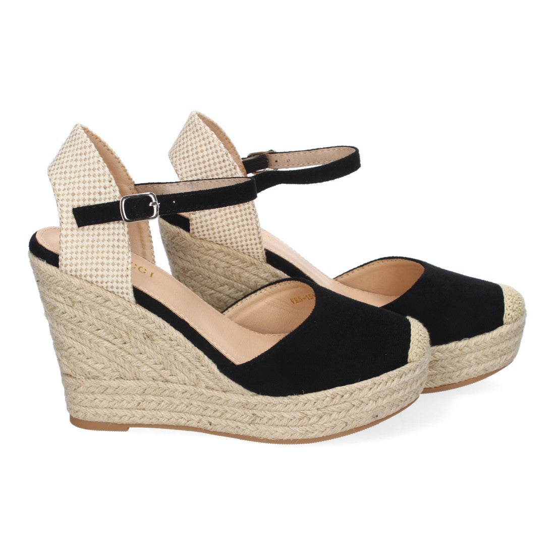 Sandalias Negras Mujer Cuña Yute Punta Bordada Cómodas