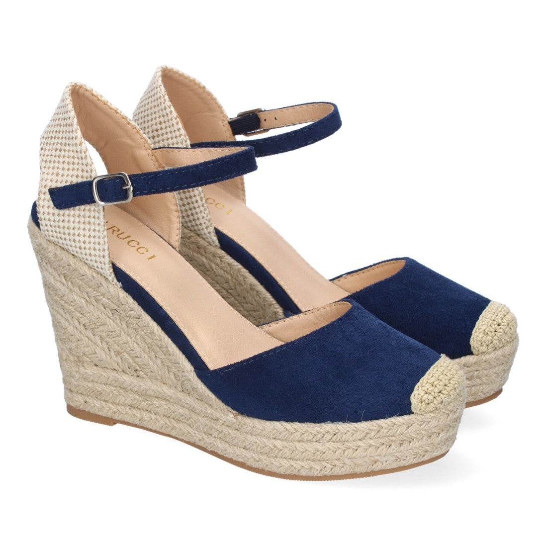 Sandalias Azul Marino Mujer Cuña Yute Punta Bordada Cómodas