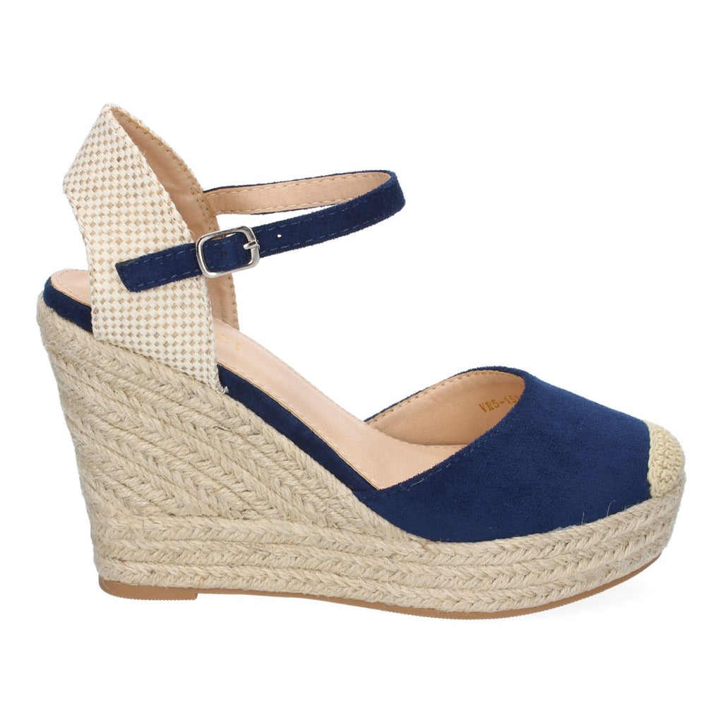 Sandalias Azul Marino Mujer Cuña Yute Punta Bordada Cómodas