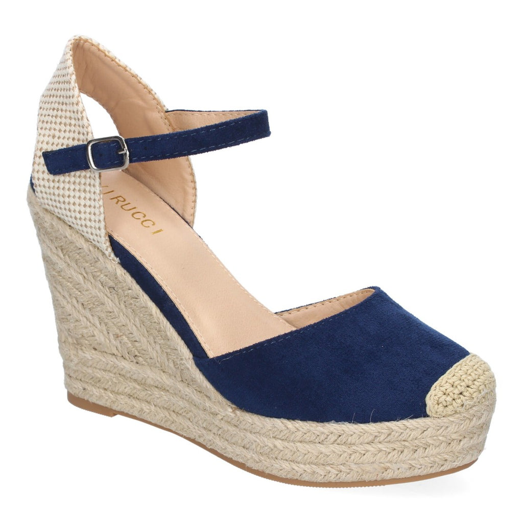 Sandalias Azul Marino Mujer Cuña Yute Punta Bordada Cómodas