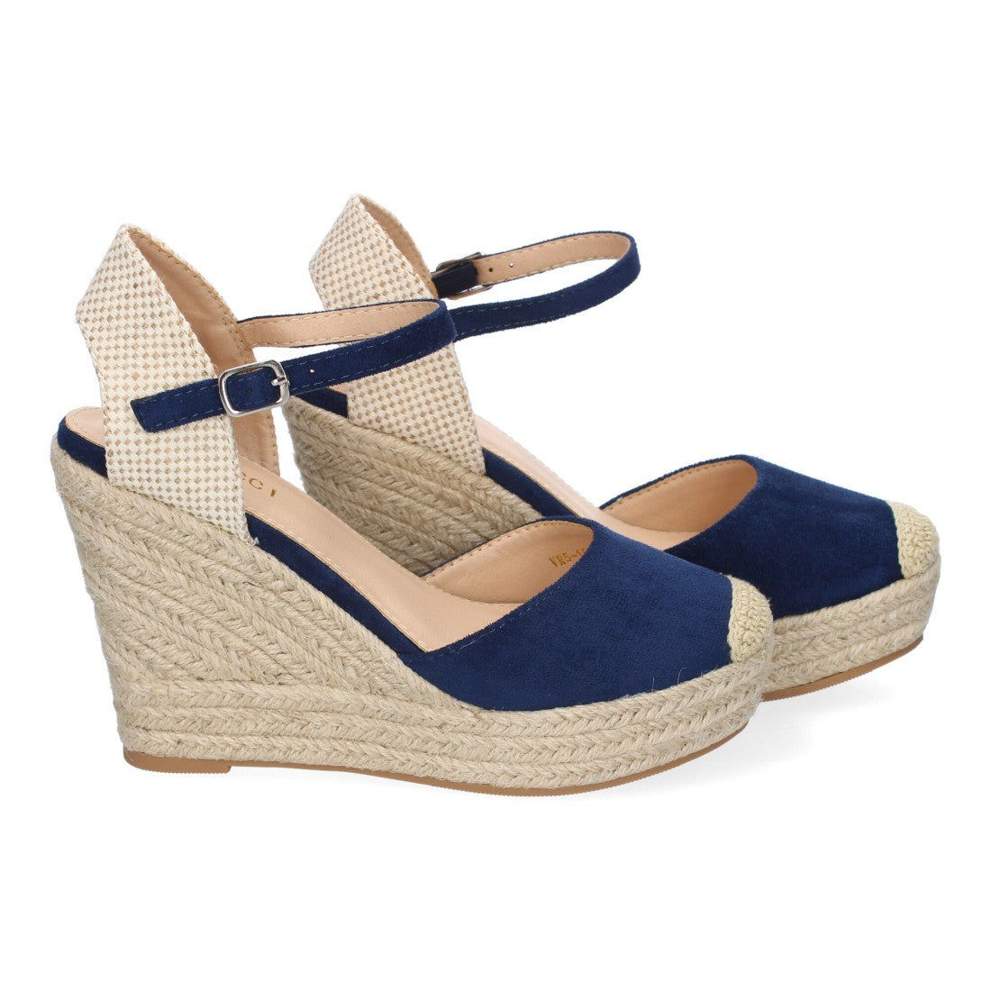 Sandalias Azul Marino Mujer Cuña Yute Punta Bordada Cómodas