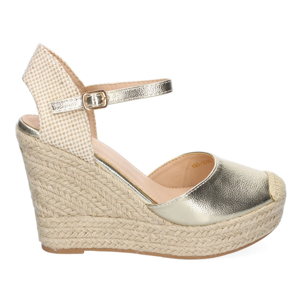 Sandalias Doradas Mujer Cuña Yute Punta Bordada Cómodas