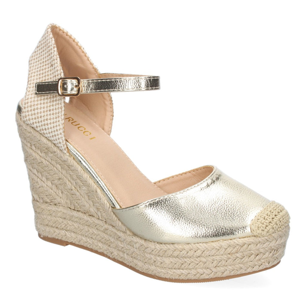 Sandalias Doradas Mujer Cuña Yute Punta Bordada Cómodas