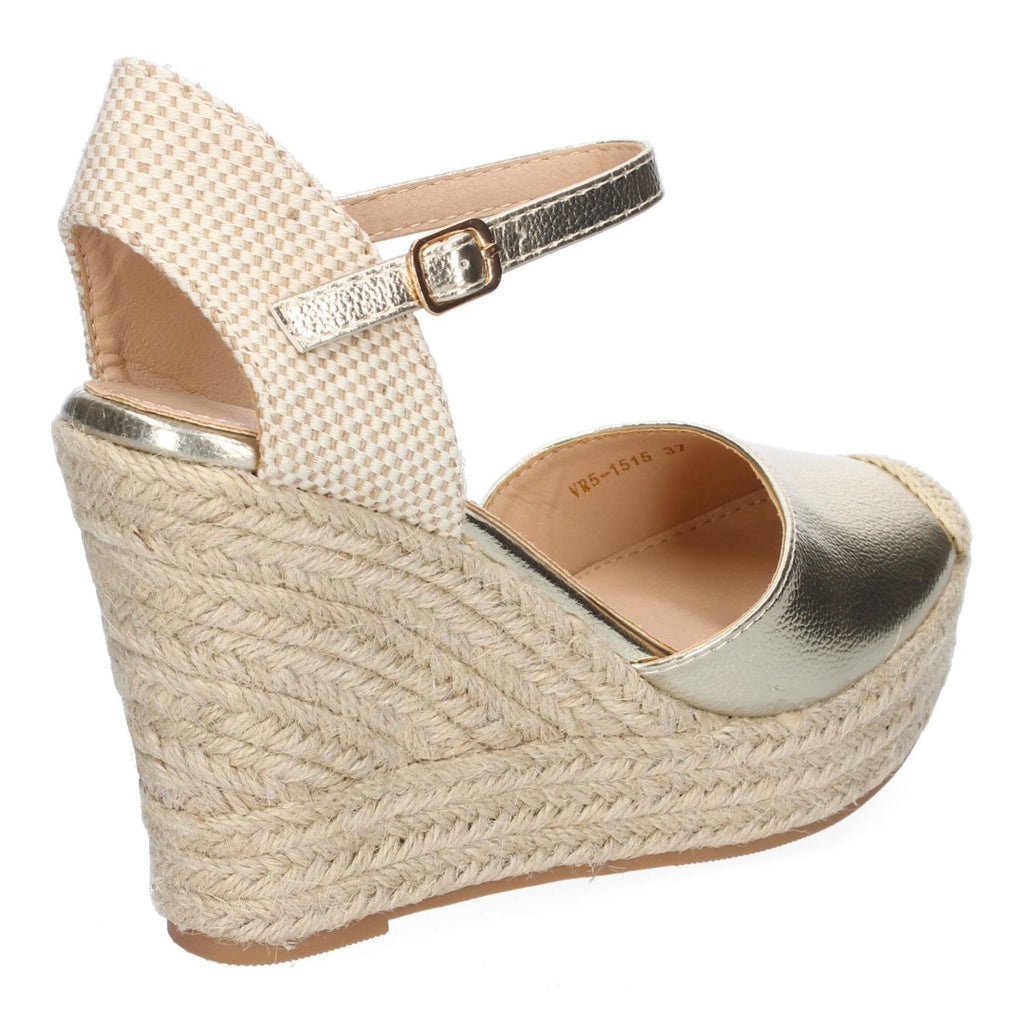 Sandalias Doradas Mujer Cuña Yute Punta Bordada Cómodas