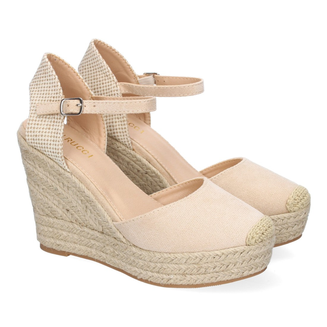 Sandalias Beige Mujer Cuña Yute Punta Bordada Cómodas