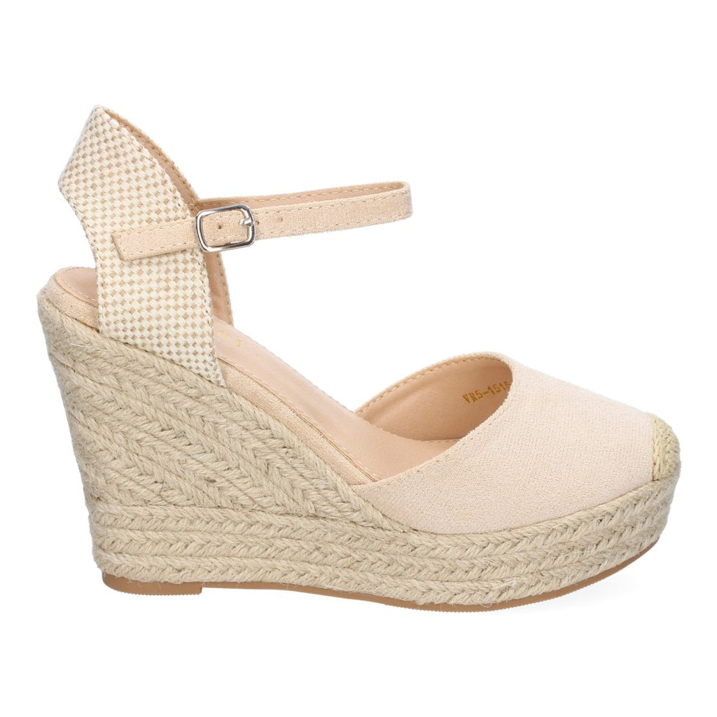 Sandalias Beige Mujer Cuña Yute Punta Bordada Cómodas