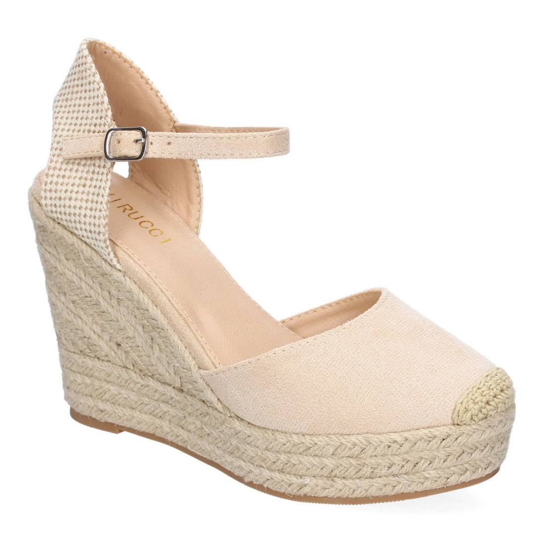 Sandalias Beige Mujer Cuña Yute Punta Bordada Cómodas