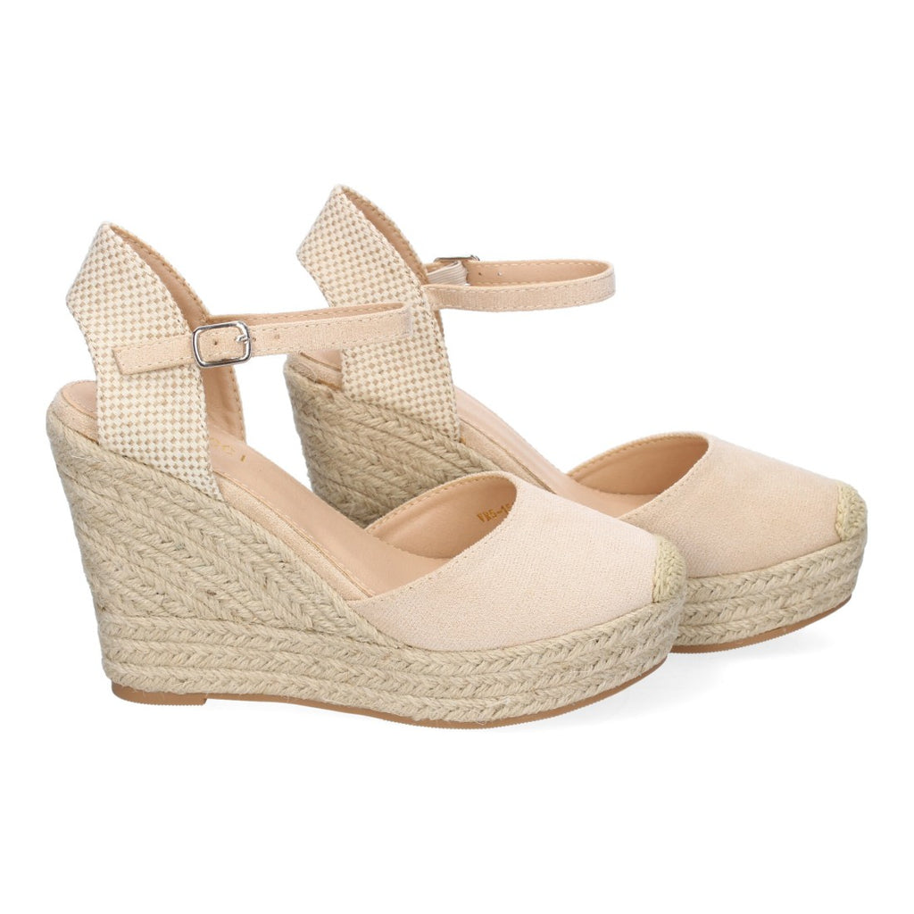 Sandalias Beige Mujer Cuña Yute Punta Bordada Cómodas