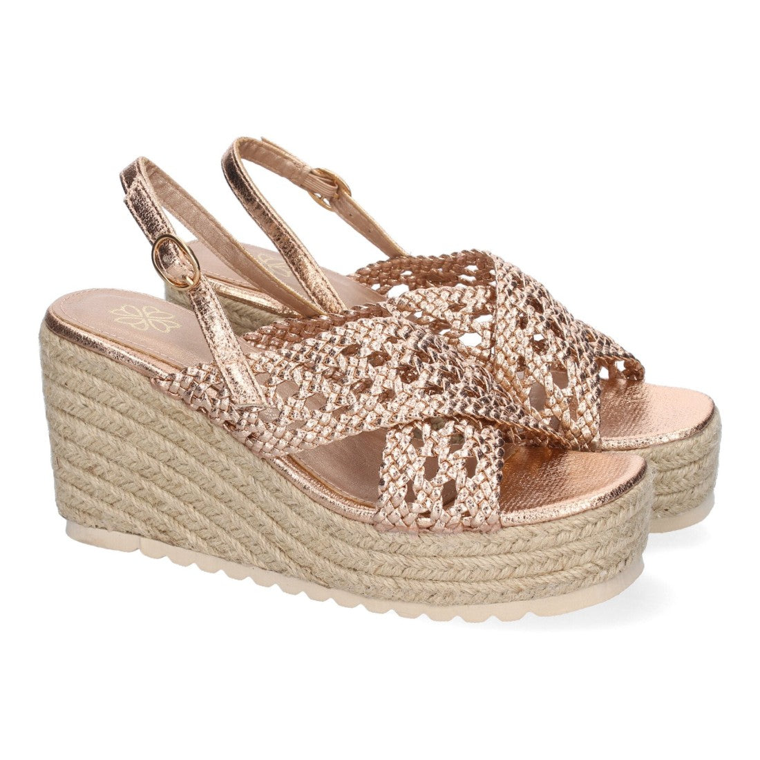 Sandalias Champán Mujer Cuña Yute Pala Trenzada Hebilla Elegantes