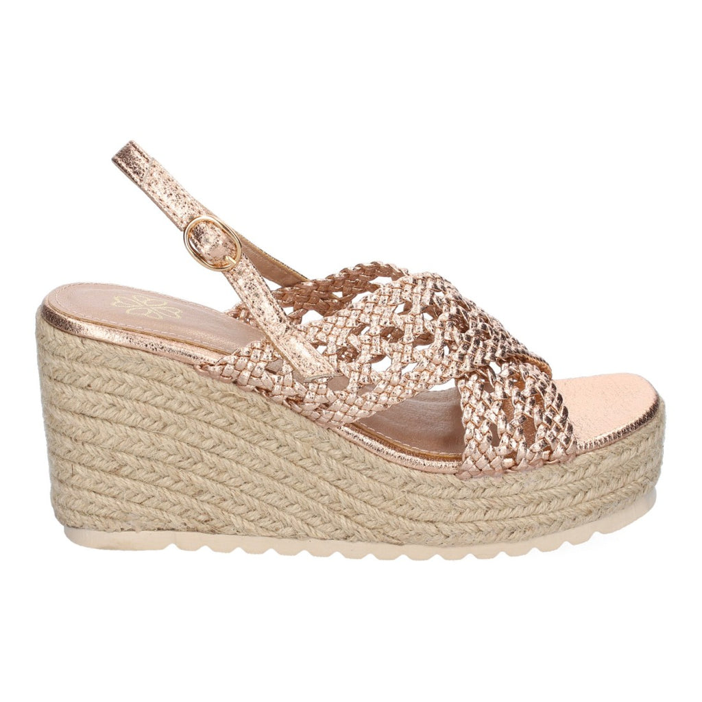 Sandalias Champán Mujer Cuña Yute Pala Trenzada Hebilla Elegantes