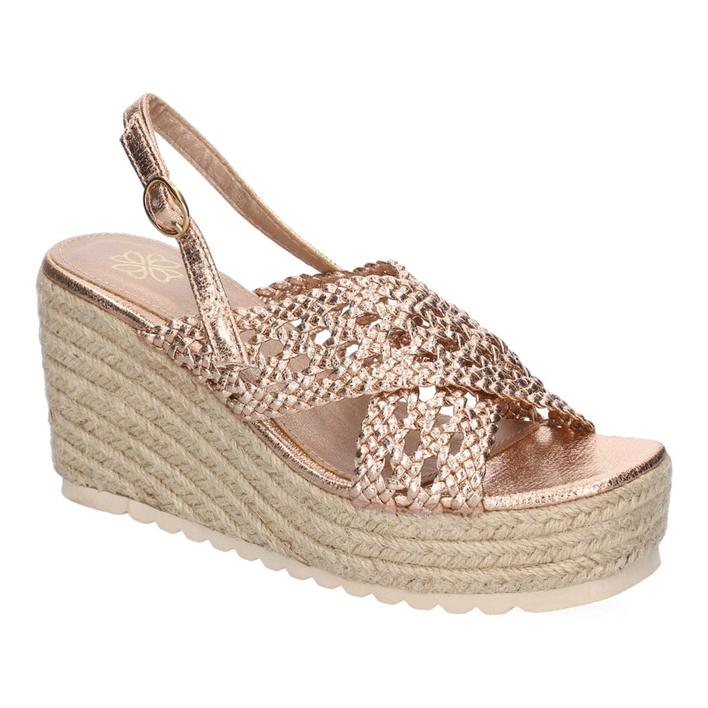 Sandalias Champán Mujer Cuña Yute Pala Trenzada Hebilla Elegantes