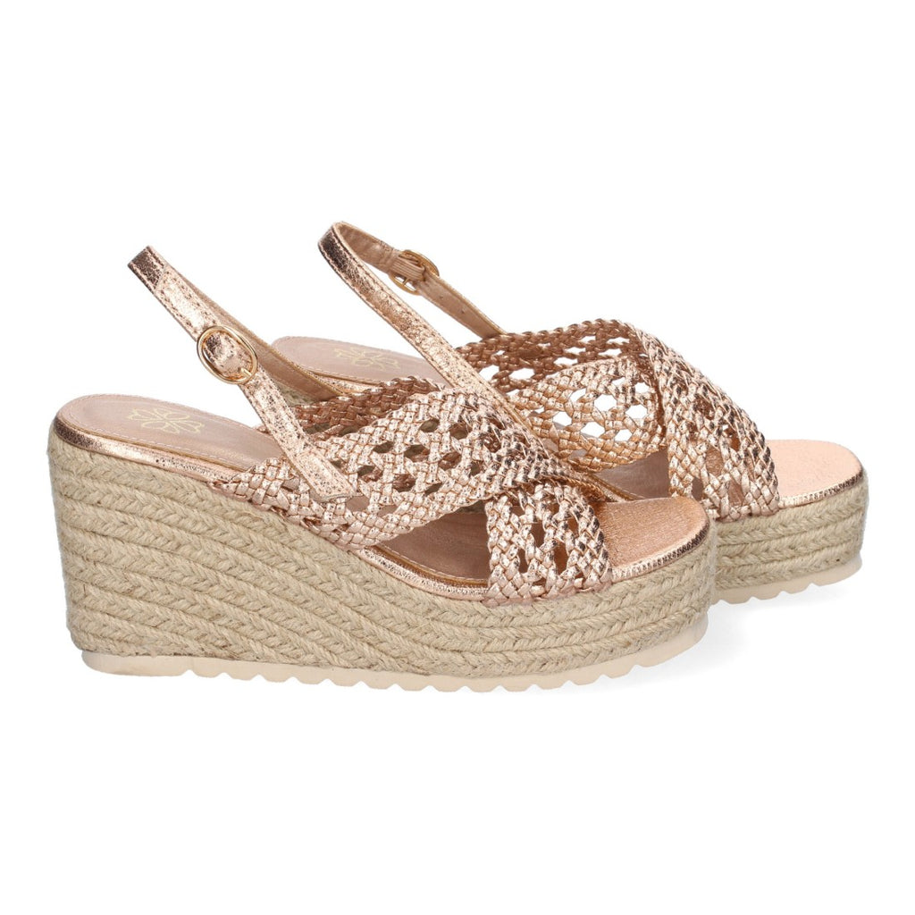 Sandalias Champán Mujer Cuña Yute Pala Trenzada Hebilla Elegantes