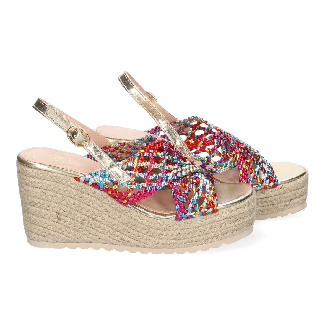 Sandalias Multicolor Mujer Cuña Yute Pala Trenzada Hebilla Elegantes