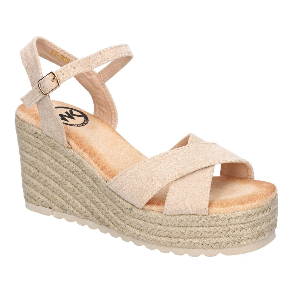 Sandalias Beige Mujer Cuña Yute Diseño Trenzado Pala Hebilla Elegantes