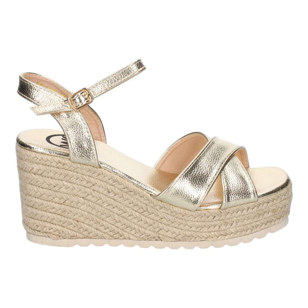 Sandalias Doradas Mujer Cuña Yute Diseño Trenzado Pala Hebilla Elegantes