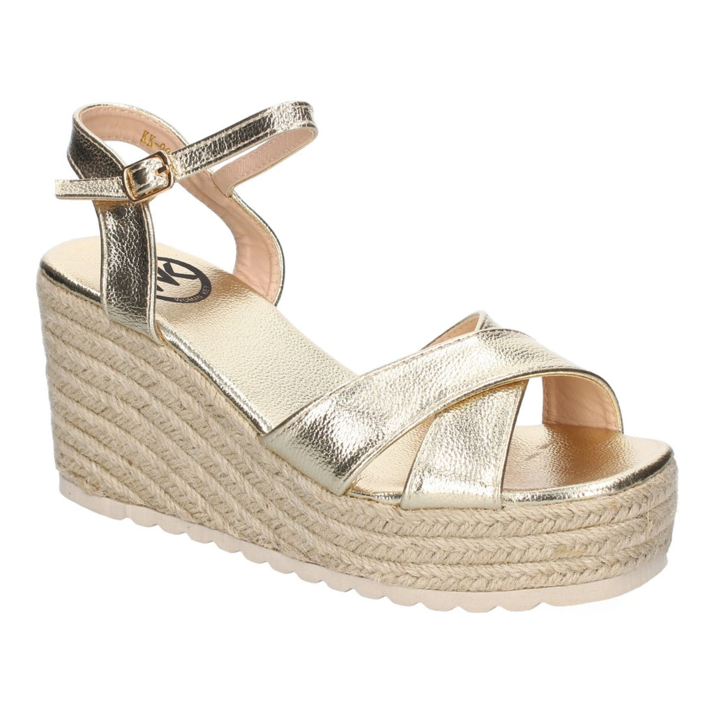 Sandalias Doradas Mujer Cuña Yute Diseño Trenzado Pala Hebilla Elegantes