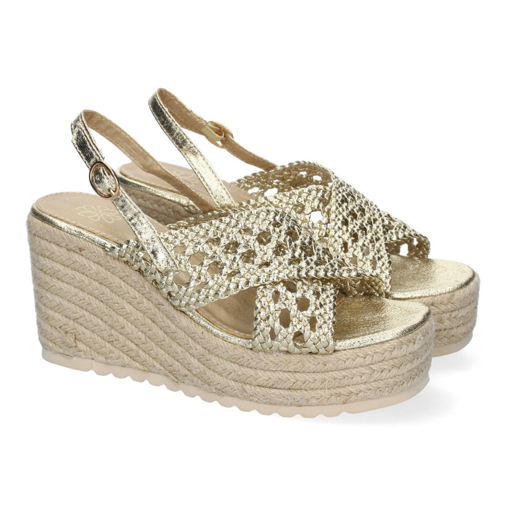 Sandalias Doradas Mujer Cuña Yute Diseño Trenzado Pala Hebilla Elegantes