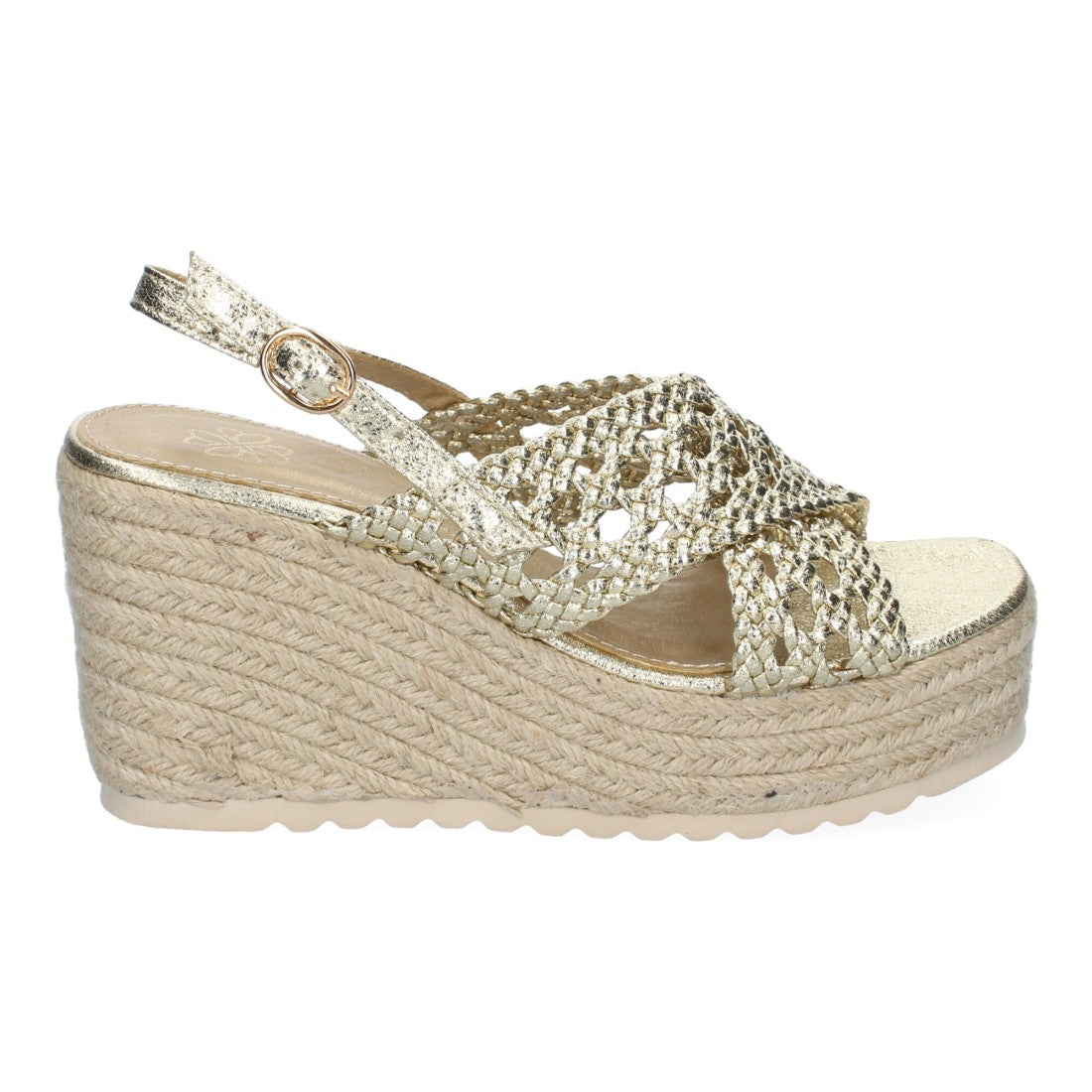 Sandalias Doradas Mujer Cuña Yute Diseño Trenzado Pala Hebilla Elegantes