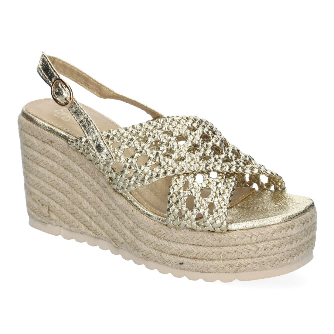 Sandalias Doradas Mujer Cuña Yute Diseño Trenzado Pala Hebilla Elegantes