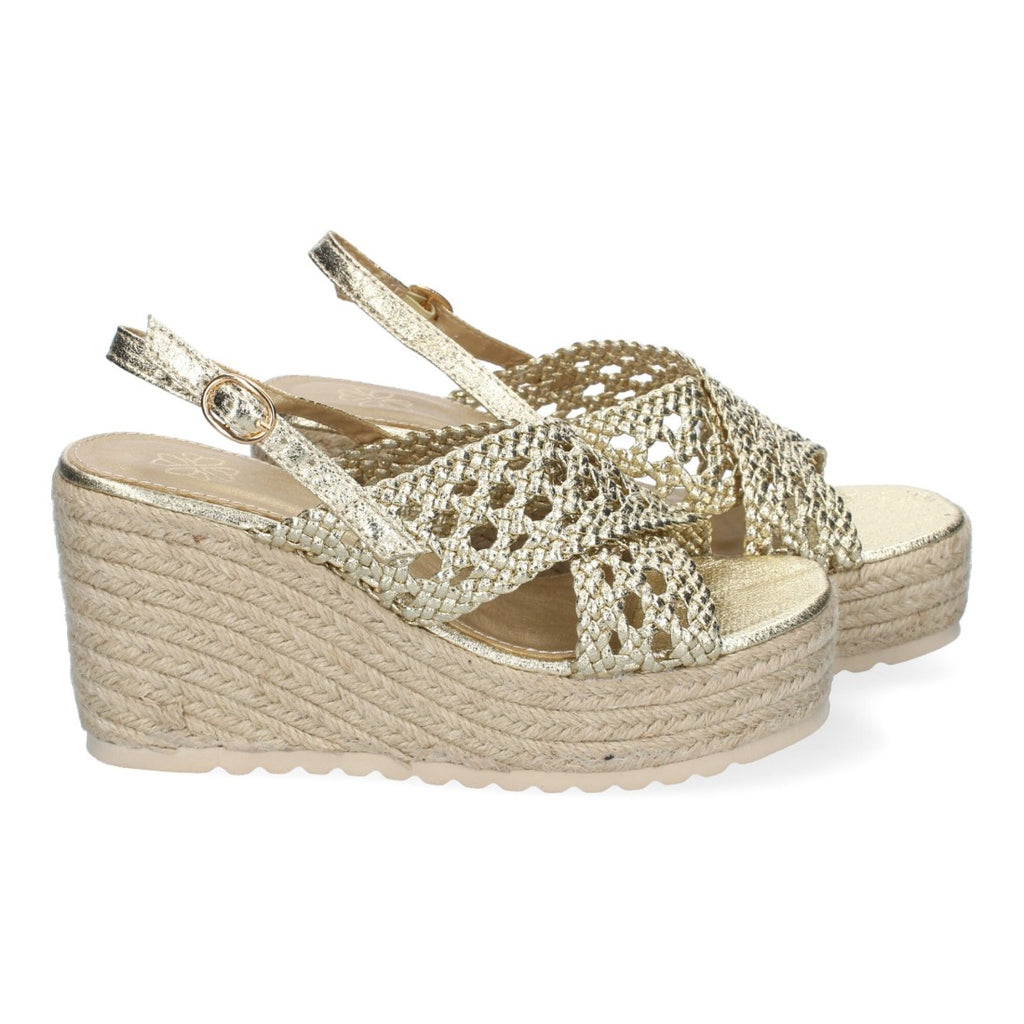 Sandalias Doradas Mujer Cuña Yute Diseño Trenzado Pala Hebilla Elegantes