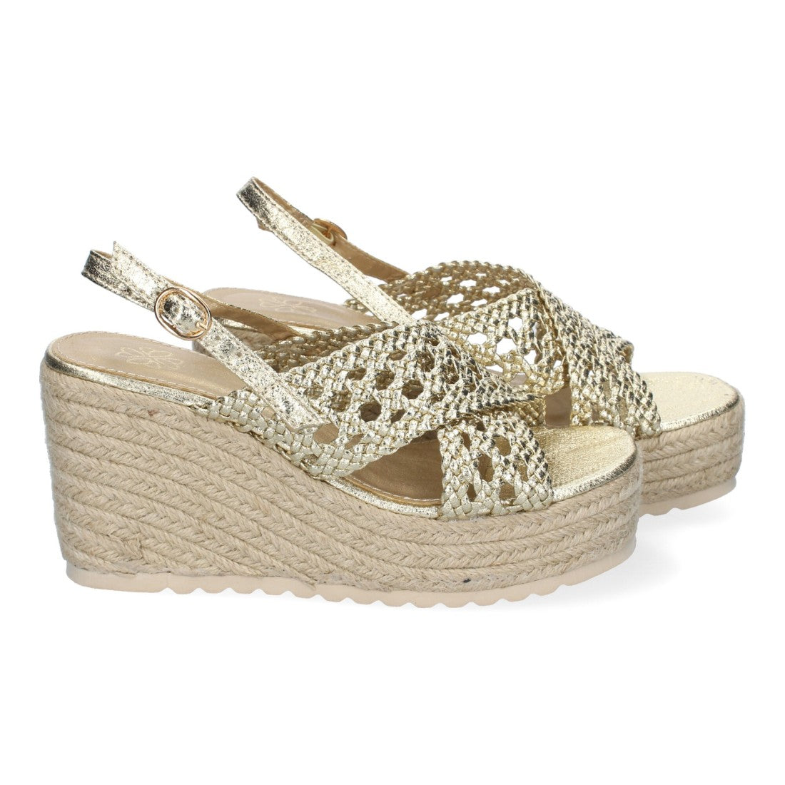 Sandalias Doradas Mujer Cuña Yute Diseño Trenzado Pala Hebilla Elegantes