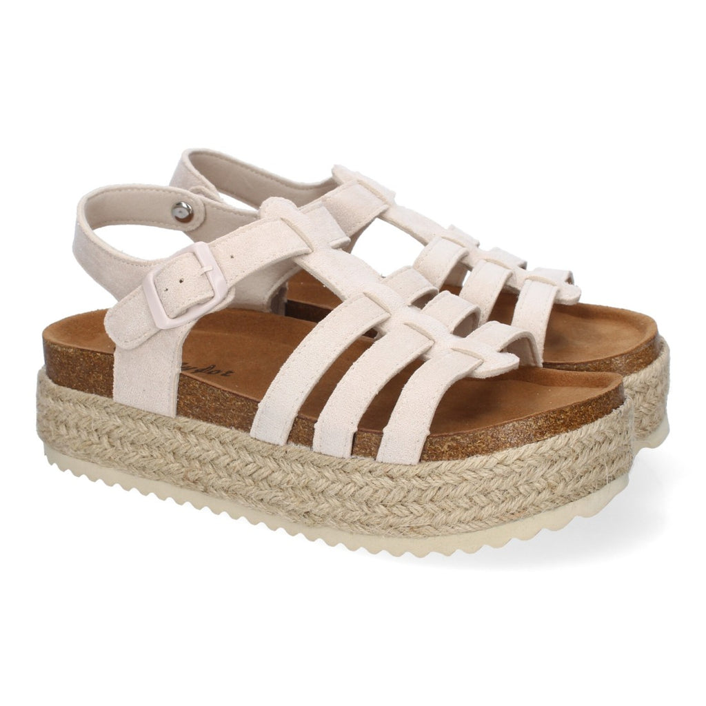Sandalias Beige Mujer Plataforma Yute Tiras Cruzadas Hebilla Elegantes