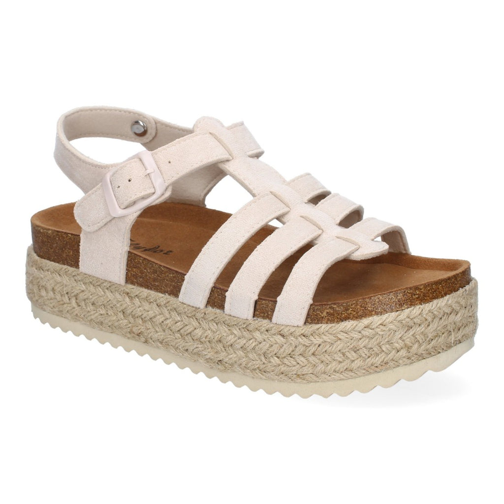 Sandalias Beige Mujer Plataforma Yute Tiras Cruzadas Hebilla Elegantes