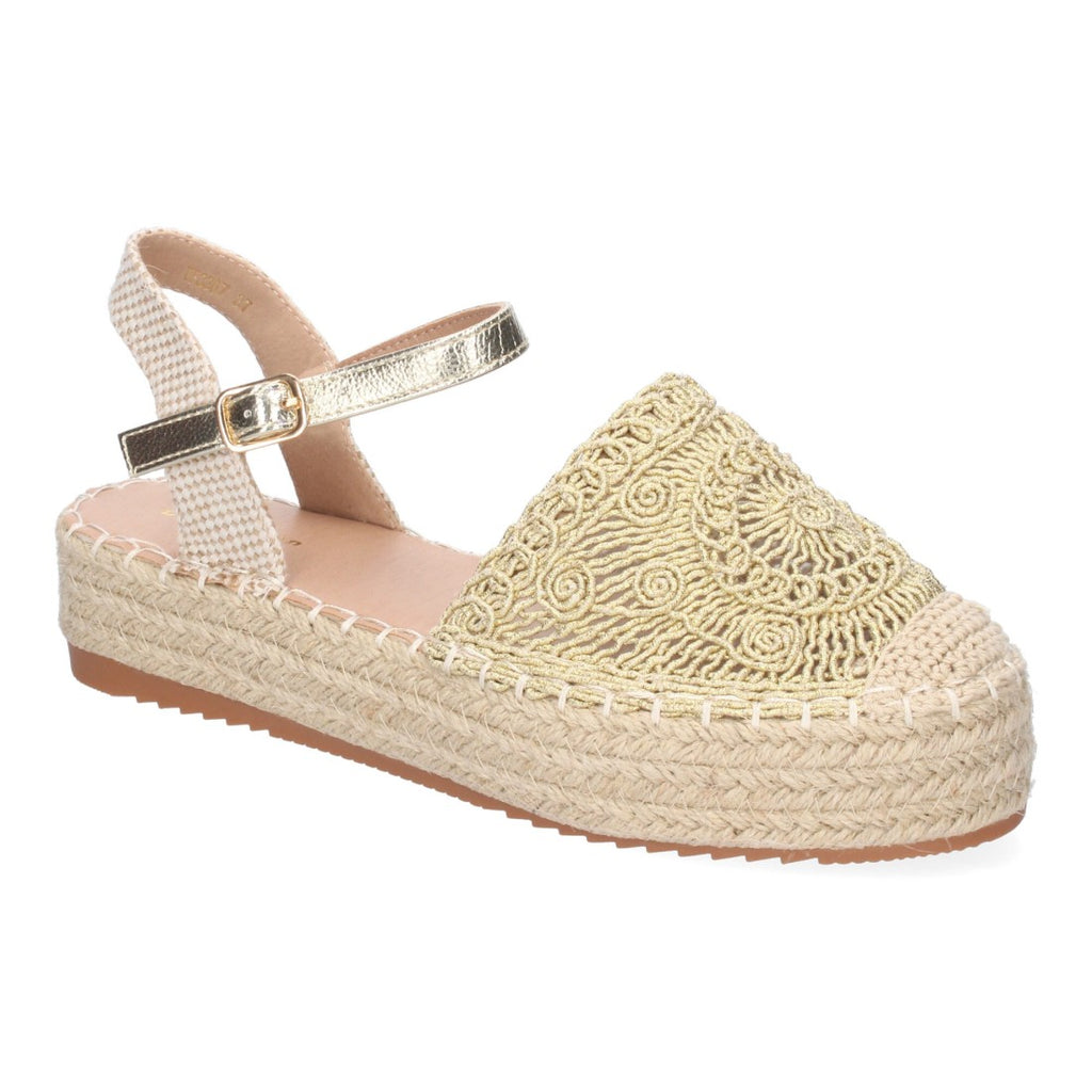 Sandalias Doradas Mujer Cuña Yute Cordones Elegantes