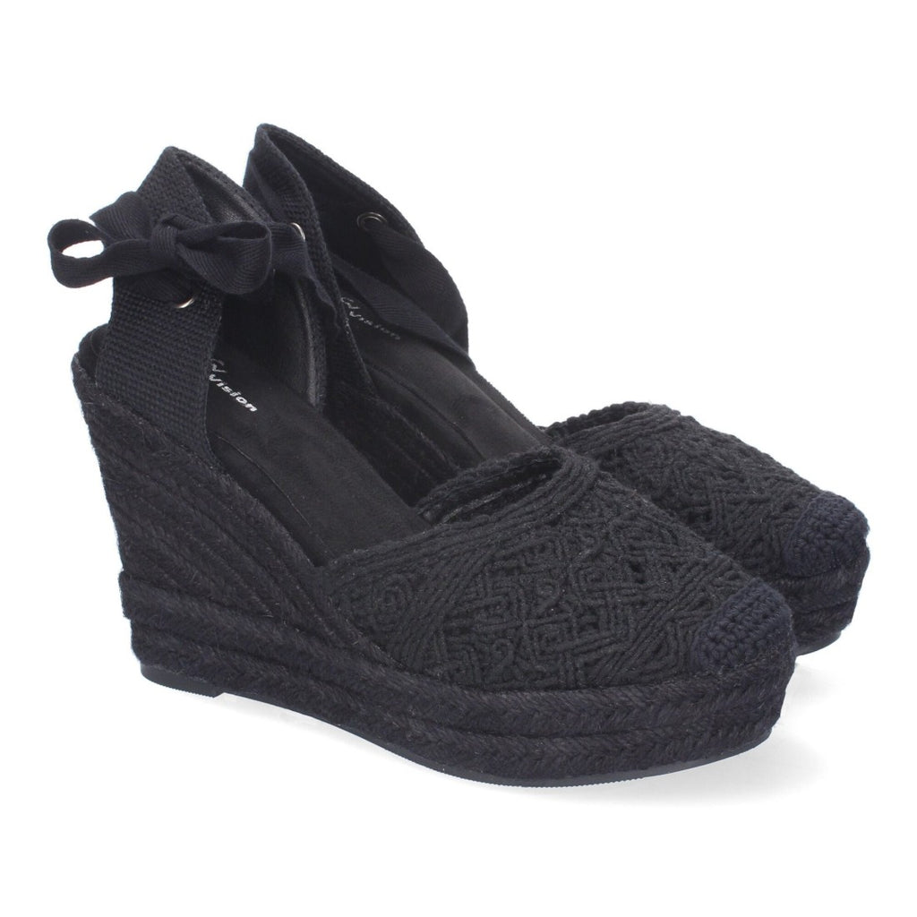 Sandalias de Cuña Yute Negras Bordadas