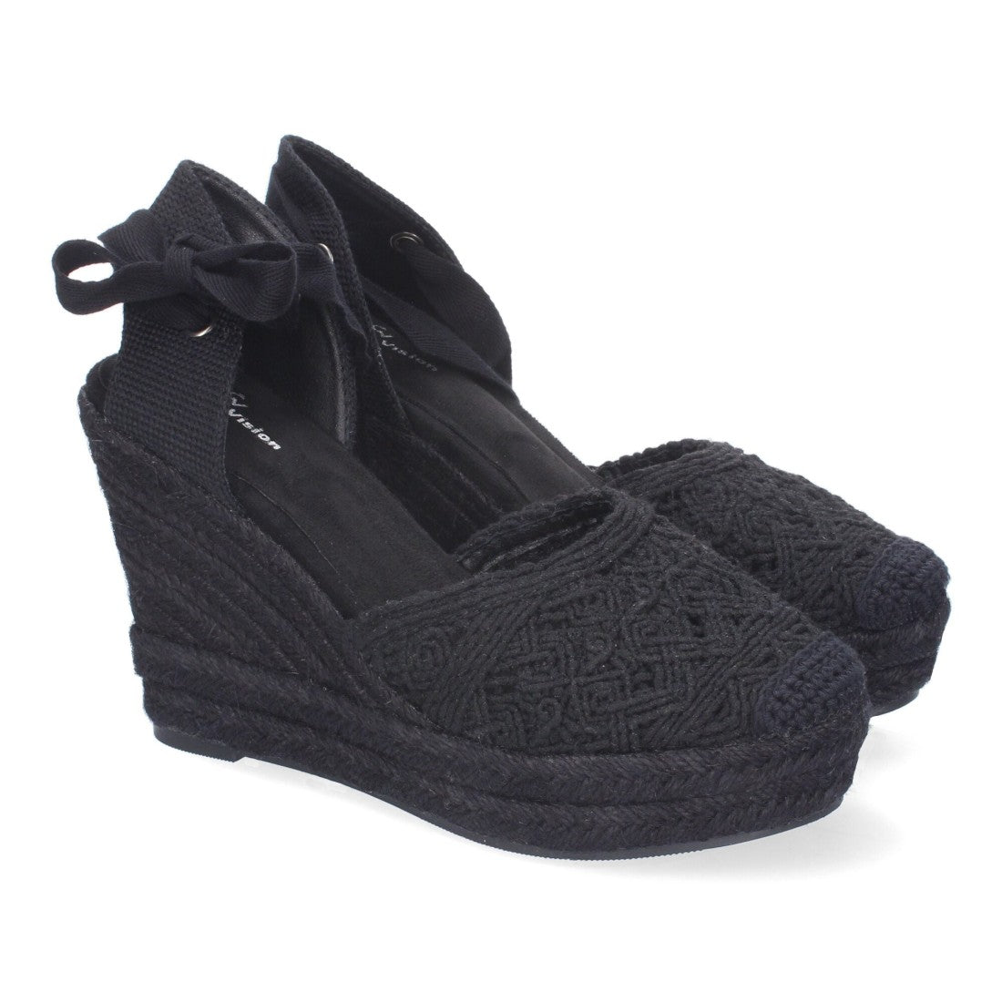 Sandalias de Cuña Yute Negras Bordadas