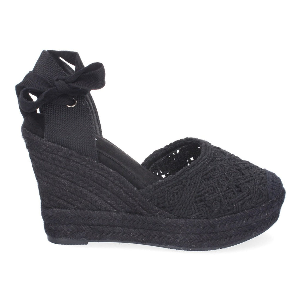 Sandalias de Cuña Yute Negras Bordadas