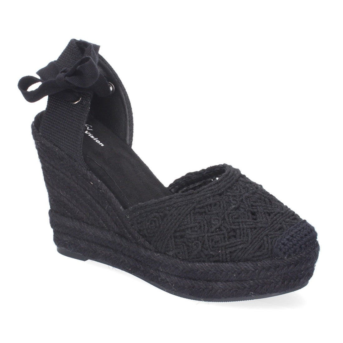 Sandalias de Cuña Yute Negras Bordadas