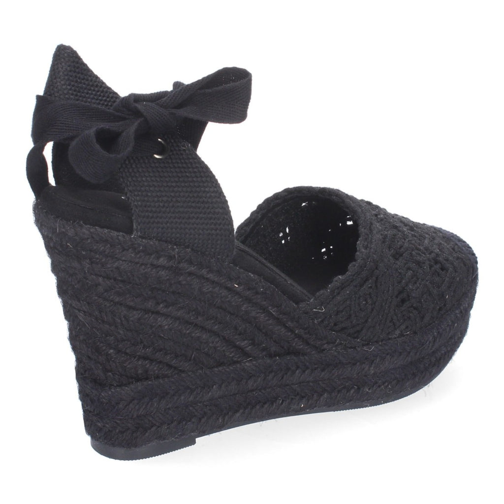 Sandalias de Cuña Yute Negras Bordadas