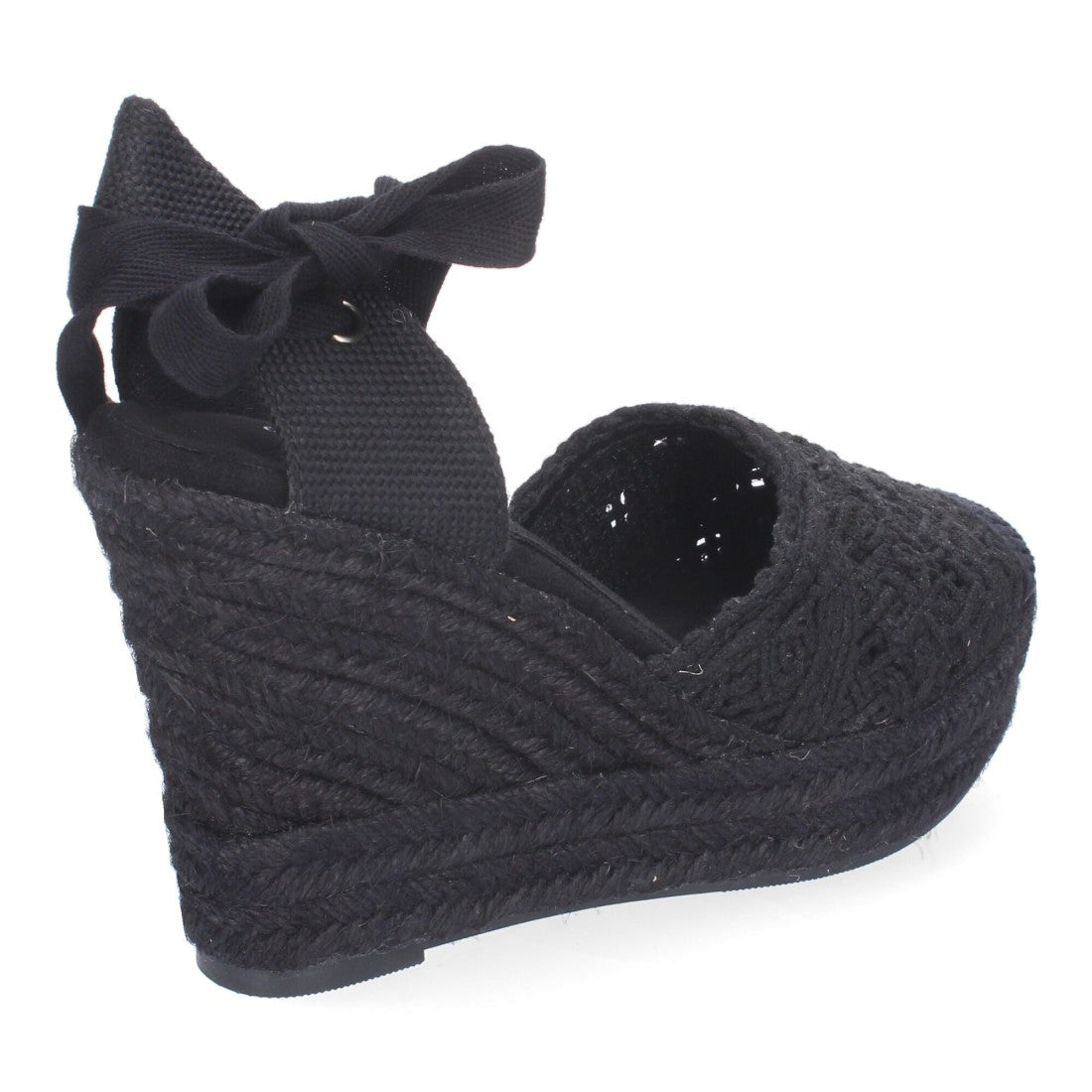 Sandalias de Cuña Yute Negras Bordadas