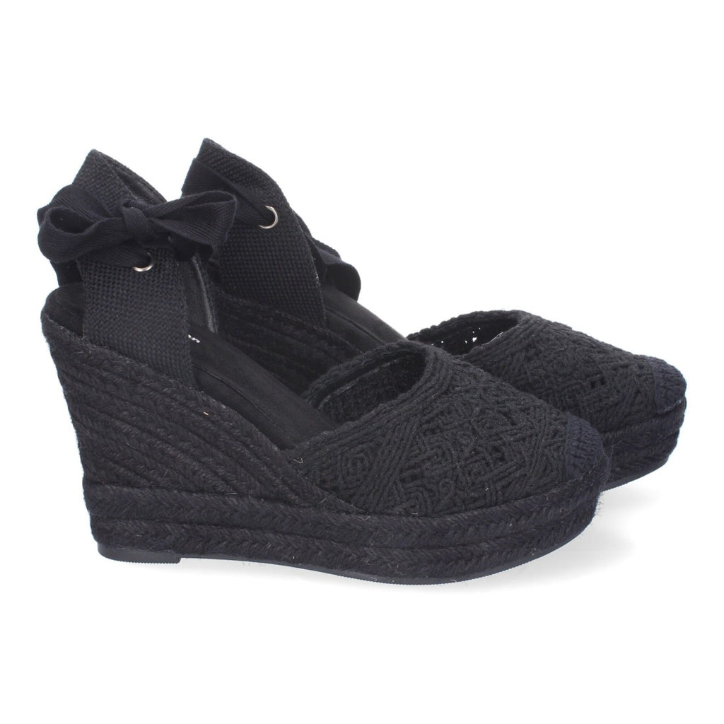 Sandalias de Cuña Yute Negras Bordadas