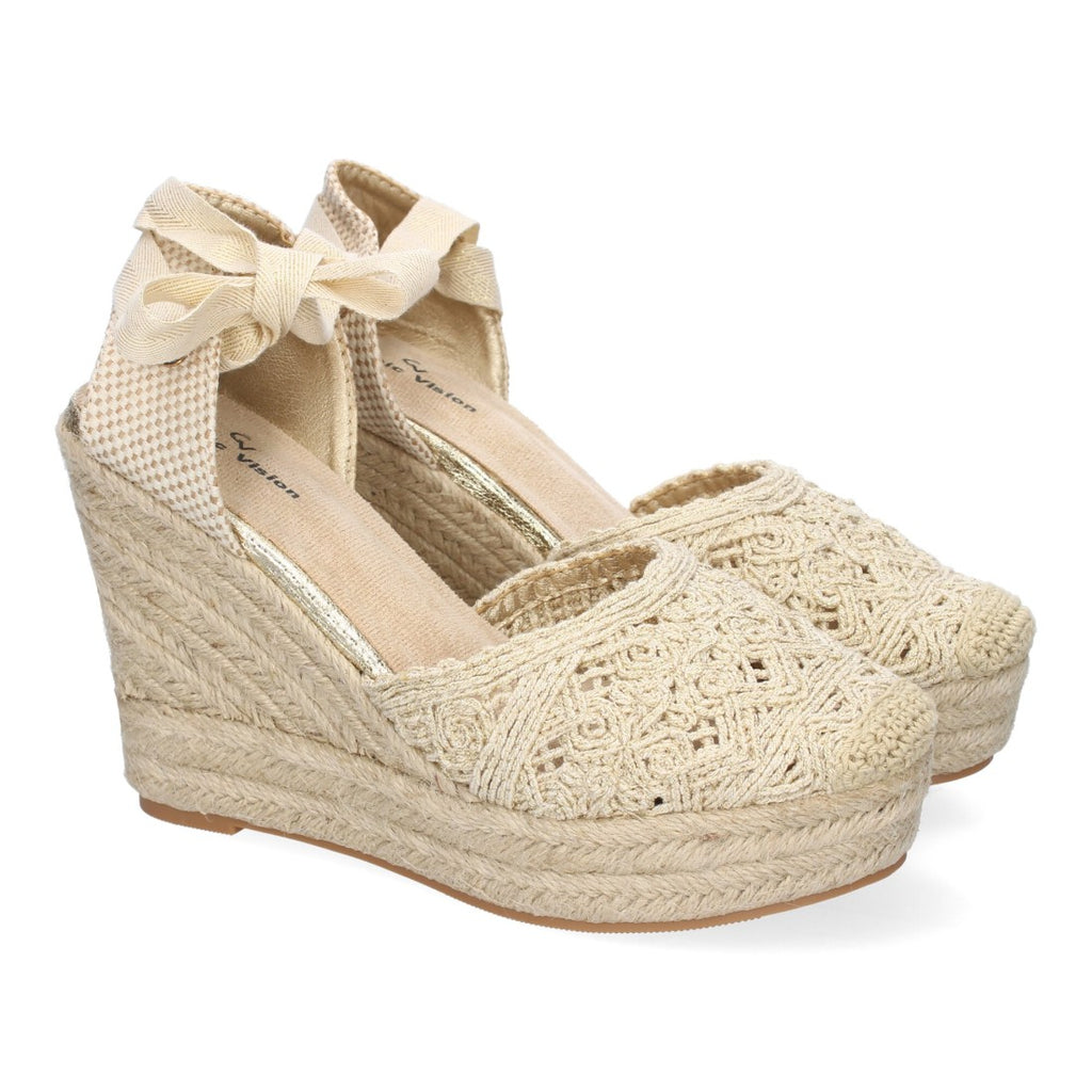 Sandalias de Cuña Yute Doradas Bordadas