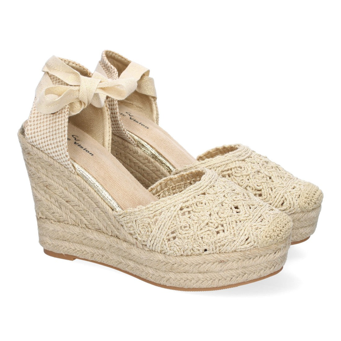 Sandalias de Cuña Yute Doradas Bordadas
