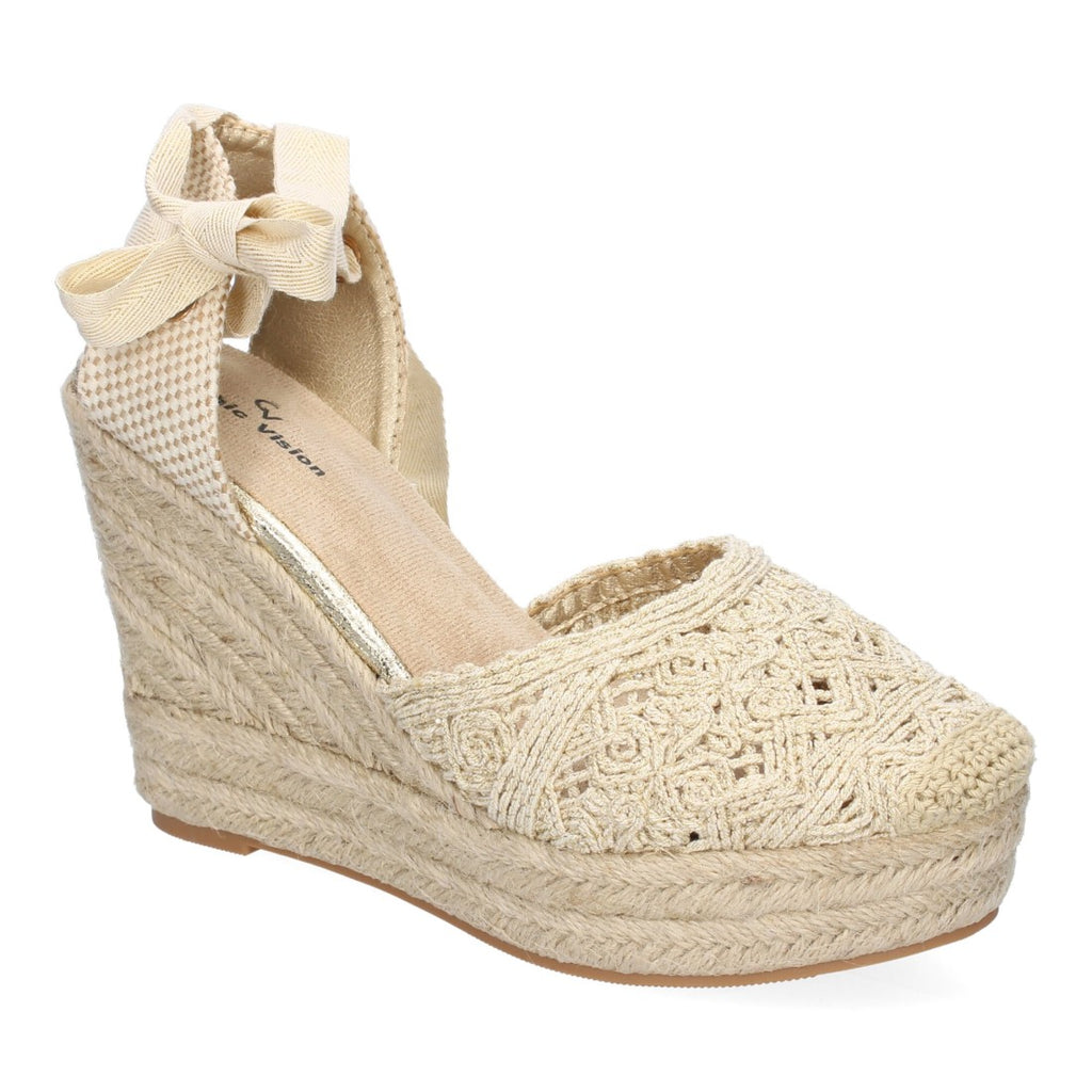 Sandalias de Cuña Yute Doradas Bordadas
