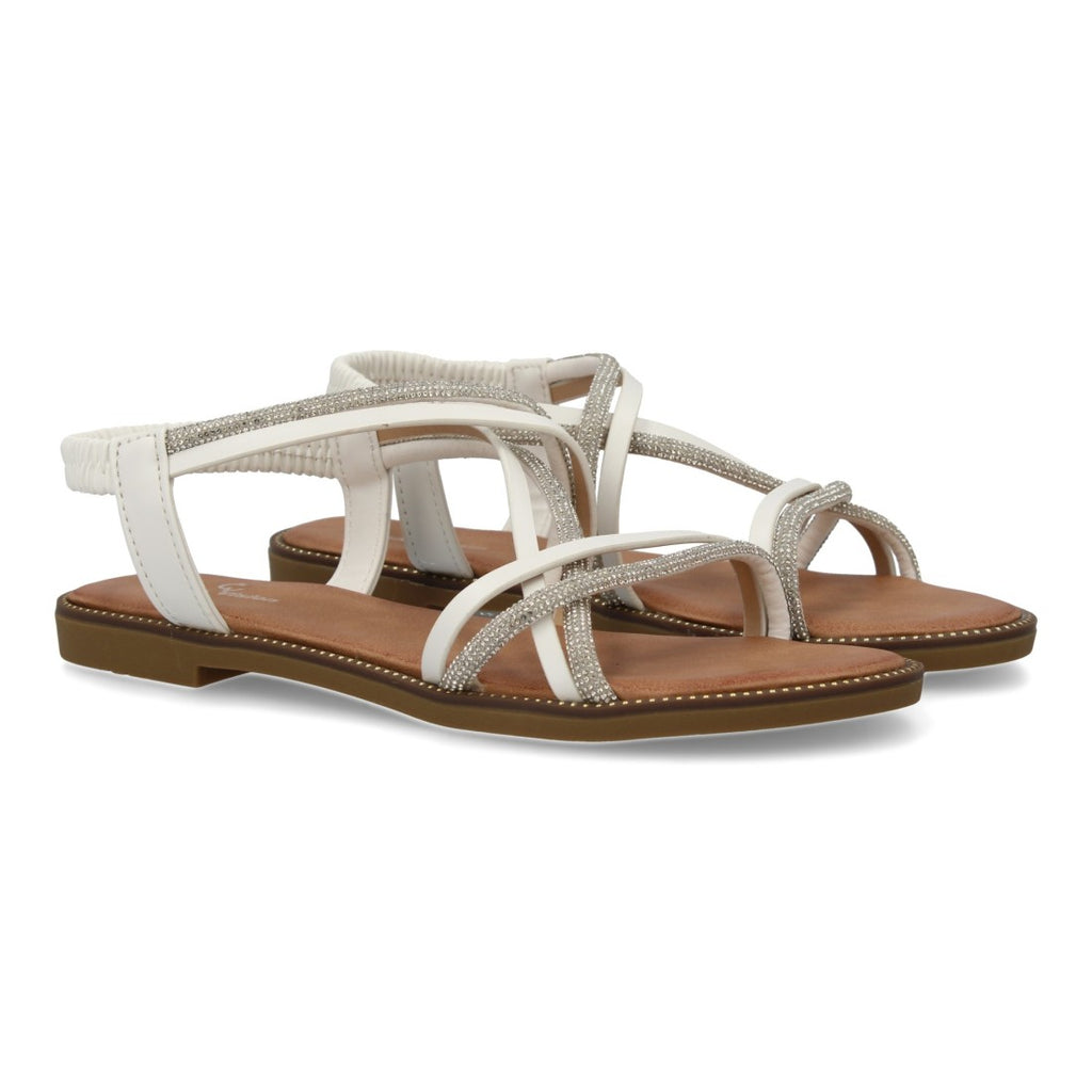 Sandalias Blancas Mujer Planas Trenzadas Pedrería Elegantes