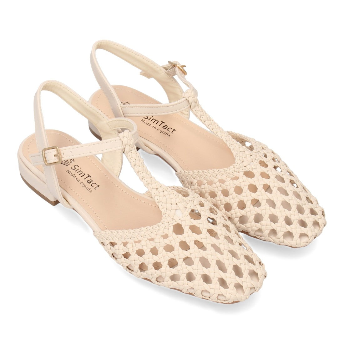 Sandalias Beige Mujer Planas Trenzadas Tira Empeine