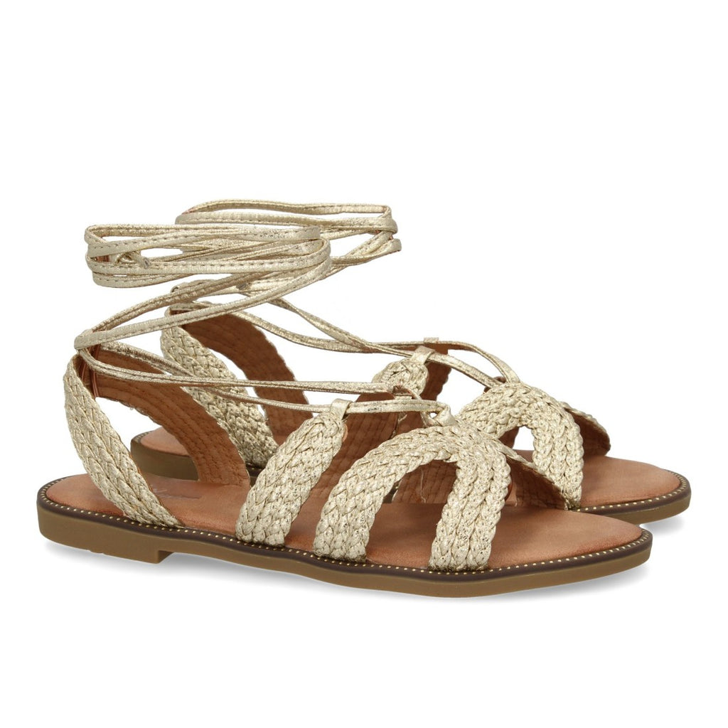 Sandalias Doradas Mujer Planas Cordones Tobillo Elegantes