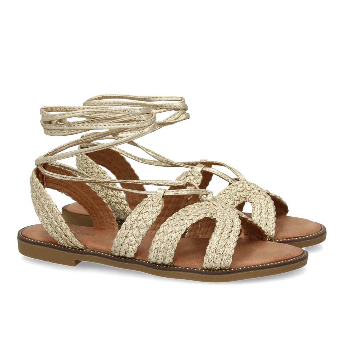 Sandalias Doradas Mujer Planas Cordones Tobillo Elegantes