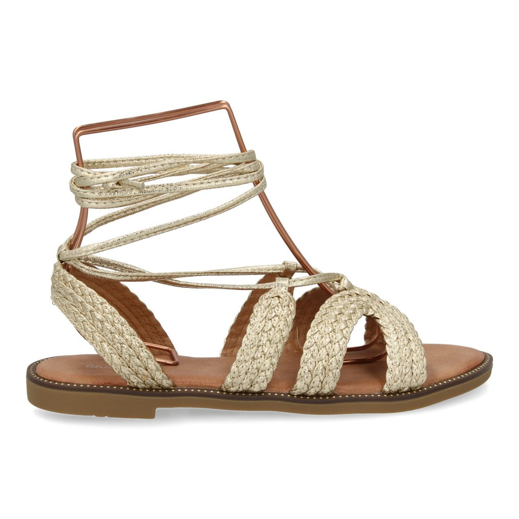 Sandalias Doradas Mujer Planas Cordones Tobillo Elegantes