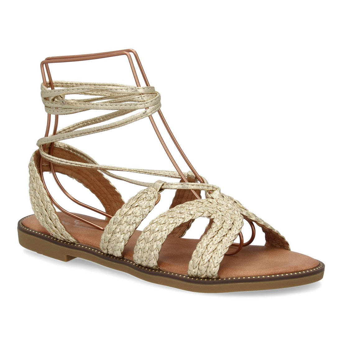 Sandalias Doradas Mujer Planas Cordones Tobillo Elegantes