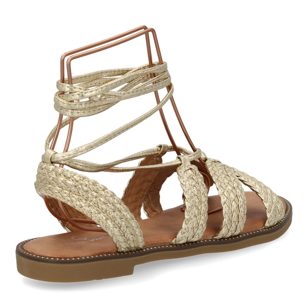 Sandalias Doradas Mujer Planas Cordones Tobillo Elegantes