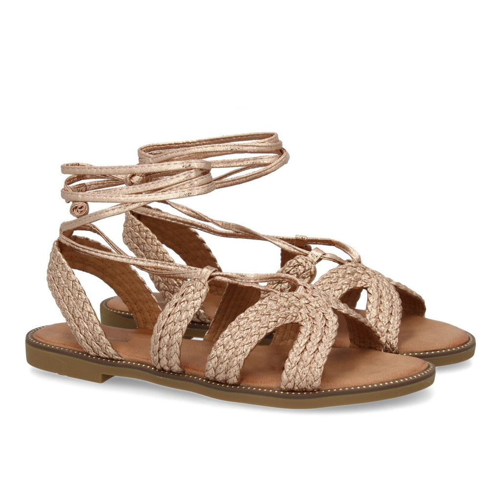 Sandalias Champagne Mujer Planas Cordones Tobillo Elegantes