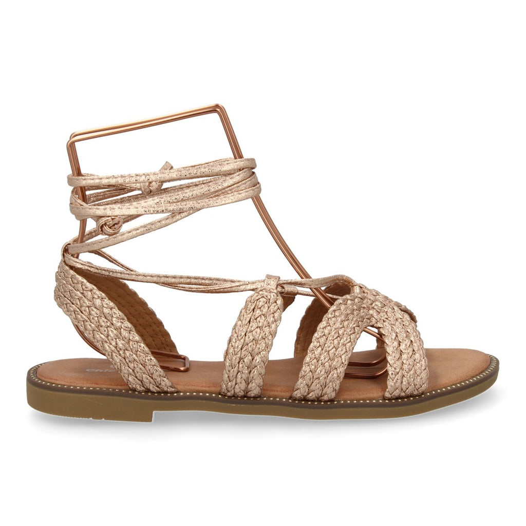 Sandalias Champagne Mujer Planas Cordones Tobillo Elegantes