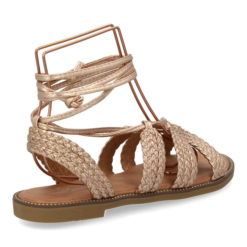 Sandalias Champagne Mujer Planas Cordones Tobillo Elegantes